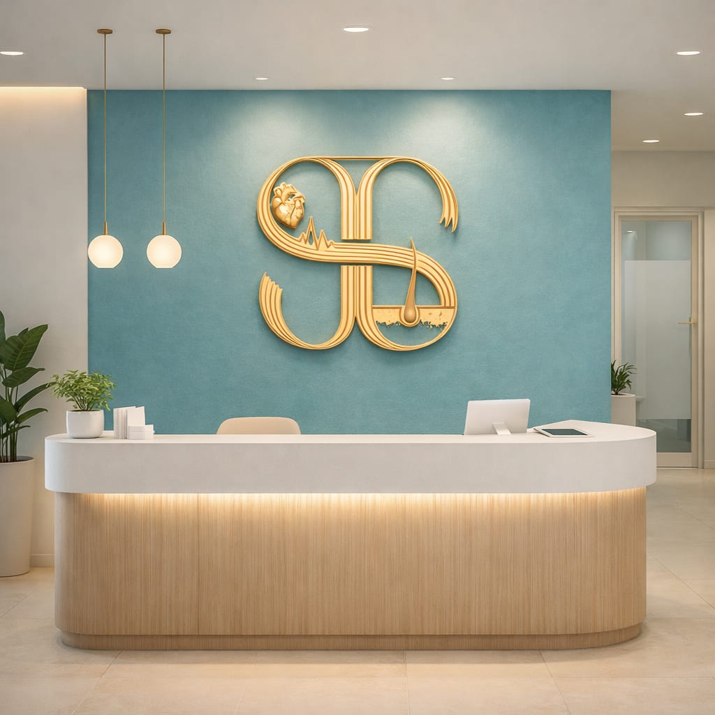 Isha Skin & Health Clinic reception with signature gold logo